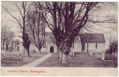 001 - Layston Church
E.E.Darville the stationers in Buntingford with a postmark of Buntingford on 29th July 1908. Very similar to the first postcard - the difference being the credit for the stationers is on the front of the card.
